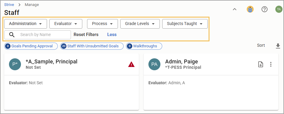 Staff management interface displaying filters for staff members.
